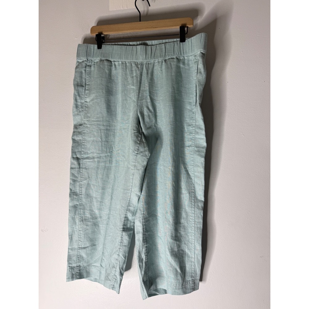 J Jill wide leg crop linen pull on pants blue green size LP